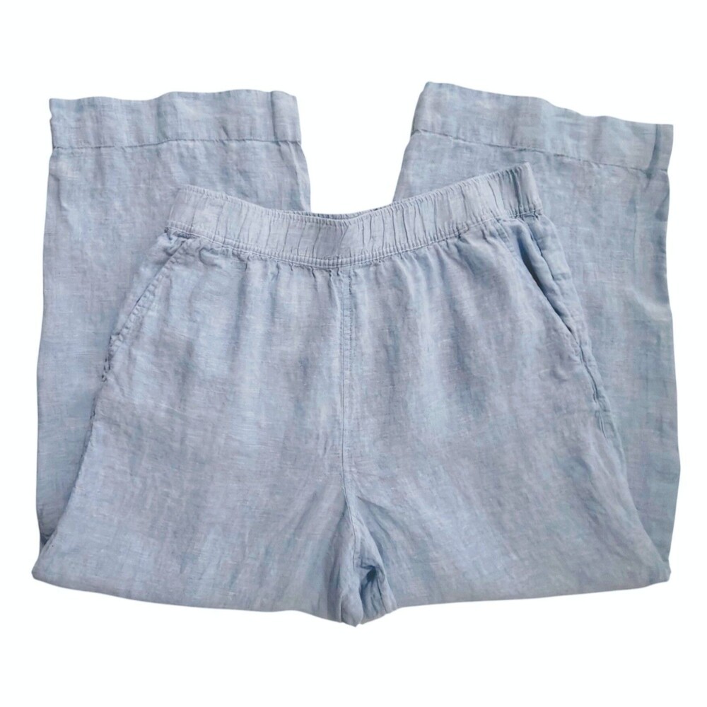 Tahari Cropped Wide Leg Linen Pants L Large Women's Pull On Ice Blue Elastic